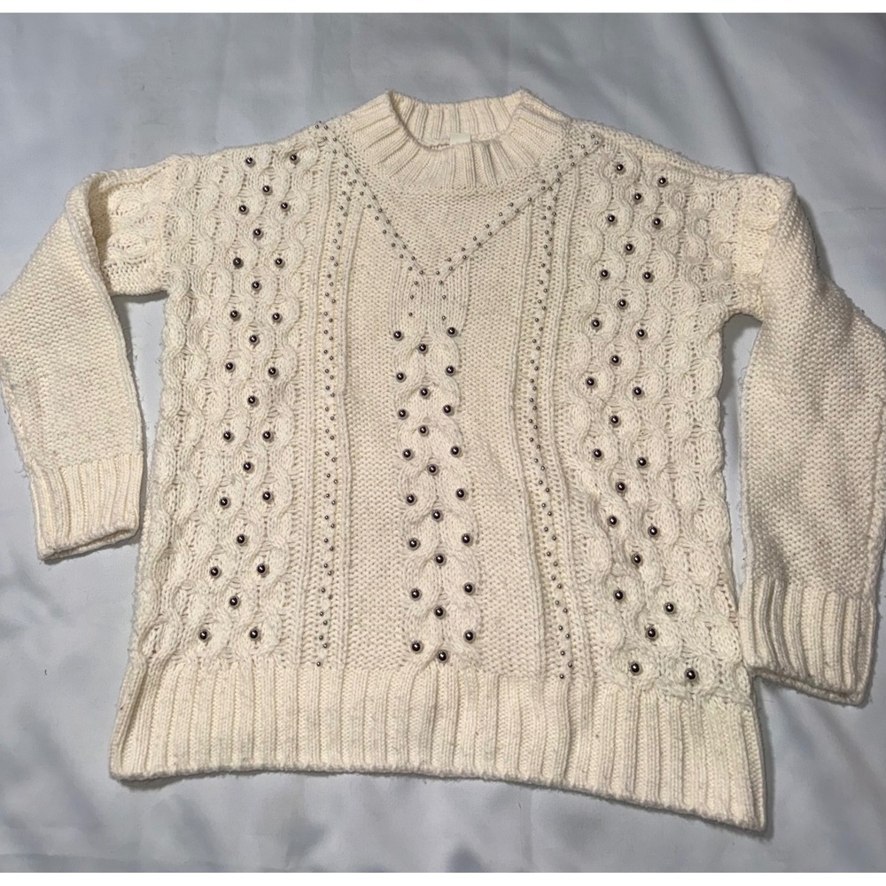 HM‎ Bead Studded Cable Knit Sweater Ivory Cream Crew Neck XS 0353177